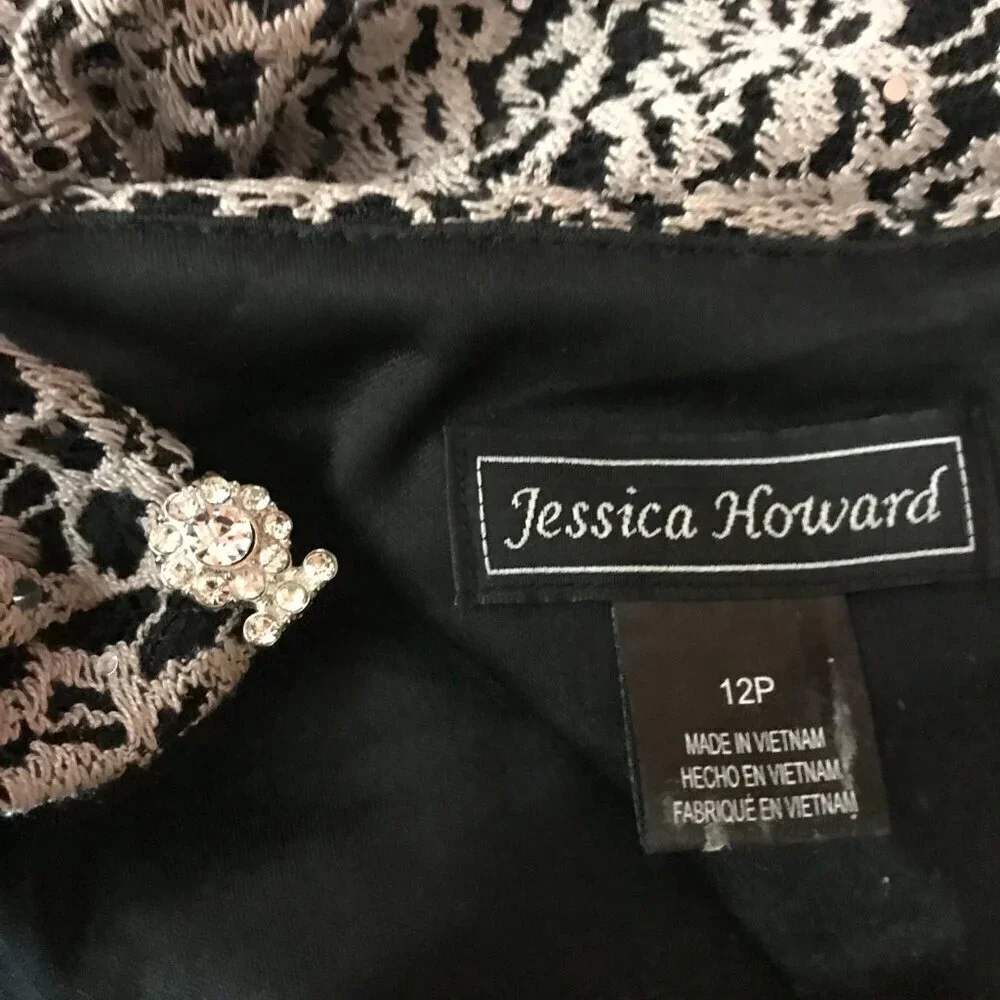 JESSICA HOWARD Tan/Black Lace Shrug Cardigan, 12P